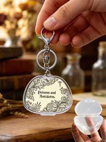 Mini Storage Box With "Poisons And Antidotes" Pattern With Keychain. Portable Transparent Visible Storage Box, European Floral Pattern Print, Hang On Bag Or Keys, Store Pills, Capsules, Earrings, Rings And Other Small Accessories For Travel, Commuting, Daily Outings, Daily Carry-On Item, Creative Gift. Holiday, Birthday, Party, Thanksgiving, Christmas Gift (Empty Box Only) - Multicolor - View 4
