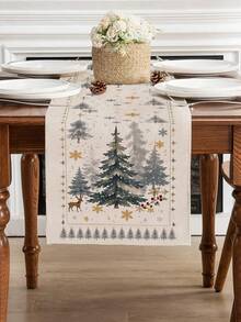 1Pc Neutral Beige Christmas Table Runner Forest Pine Tree Elk Snowflake Table Flag, Farmhouse Rustic Winter Xmas Table Decor For Dining Table, Kitchen, Holiday Party, Home Tabletop Decoration - White - View 4