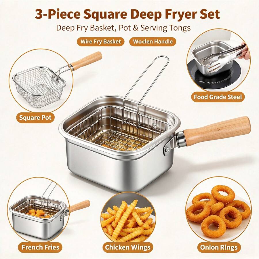 Stainless Steel Square Deep Fryer With Clip, Multi-Functional Tempura Fryer, Universal Stove Compatible, Heavy Duty Non-Stick Cooking Pot, Ideal For Home And Outdoor Use, Frying, Stewing And Serving, Kitchen Essential