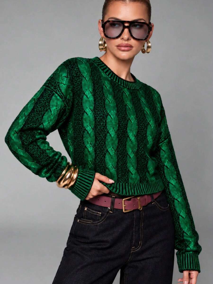 Women's Crew Neck Foil Detailed Knit Sweater - Green - View 1