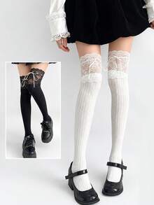 1/2 Pairs Women's Black & White Solid Color Lace Bow Ballet Style Ruched Over-The-Knee Socks - Multicolor - View 10