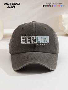 1pc BERLIN Printed Baseball Cap, Warm & Comfortable Multi-Functional Baseball Cap, Men's Washed Vintage Hat, Suitable For Autumn And Winter Daily Outings And Life, Daily Outfit Decorative Hat, Best Gift For Friends - A - View 7