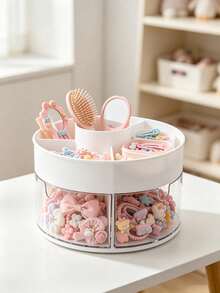 1pc Rotatable Round Plastic Hair Accessories Storage Box, Clear Divided Desktop Organizer, For Girls Hair Clips Hair Ties, Bedroom Vanity Birthday Christmas Gift - White - View 6