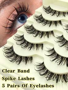 Sibeuna 5 Pairs Cat Eye Slender Crossed Fluffy Curling Eye Corner Lashes With Spikes,Clear Band,Manga Lashes,Spike Lashes,Enlarged Eye,Suitable For Beginners,Easily Achieve The Makeup Looks Of Beauty Bloggers. - Black - View 1