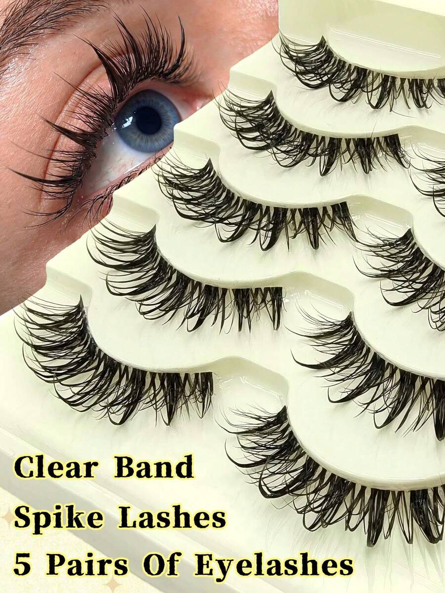 Sibeuna 5 Pairs Cat Eye Slender Crossed Fluffy Curling Eye Corner Lashes With Spikes,Clear Band,Manga Lashes,Spike Lashes,Enlarged Eye,Suitable For Beginners,Easily Achieve The Makeup Looks Of Beauty Bloggers. - Black - View 1