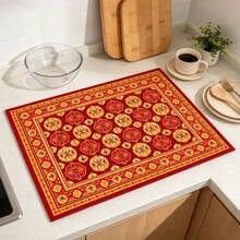 1pc Dish Drying Mat, Coffee Machine Mat, Red & Yellow Vintage Symmetrical Geometric Pattern, Highly Absorbent, Suitable For Dining Table, Cafe Countertop Drainage, Multi-Purpose Drain Mat, Home Gift, Desktop Decor - XYLSD-1189 - View 4