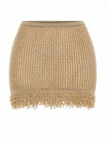 Women's Solid Color Elegant Knit Tassel New Style Hot Girl Double Layer Short Skirt - Champagne - View 4
