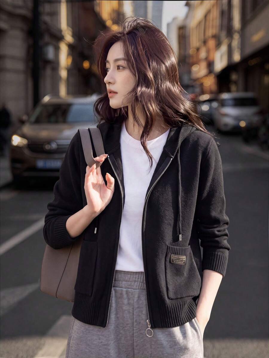 女款寬鬆連帽拉鍊針織運動衫，加厚標準版夾克，適合秋冬春三季 - 黑色 - 查看 1