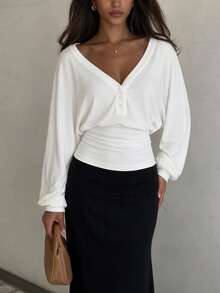 Women's White Knit V-Neck Long Sleeve Button-Up Top, Medium Stretch Regular Fit, Comfortable For Winter Wear - White - View 5