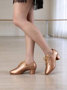 Women's Ballroom Dance Shoes With Breathable Holes, Lace-Up Split Sole Soft Bottom - Champagne - View 4