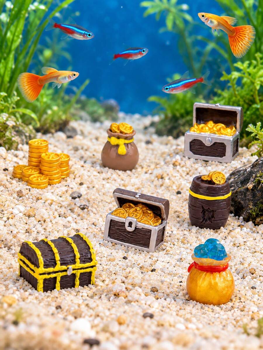 Mini Resin Aquarium Treasure Ornaments, Detailed Treasure Chests, Gold ...