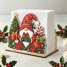 1pc 2D Flat Printed Christmas Gnome Wooden Napkin Holder, Cute Gnome & Christmas Tree Gift Box Candy Cane Design Paper Towel Holder, Christmas Holiday Decor Napkin Rack For Kitchen, Dining Room, Party Decoration, Festive Tabletop Napkin Organizer - View 9