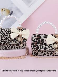 1pc Mini Kids Bow Decor Leopard Print PU Material Chain Strap Flap Closure Beaded Handbag Fashion Girls One Shoulder Crossbody Bag Children Party Handbag Coin Purse Lipstick Bag Suitable For Daily And Holiday Use - Khaki - View 3