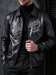 Men's PU Leather Autumn/Winter Casual Fashion Letter Print Jacket - Black - View 3