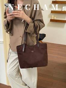 1pc Vintage Suede Solid Color Minimalist Elegant Shoulder Bag Large Capacity Casual Versatile Tote Bag - Coffee Brown - View 4