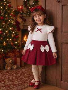 Baby Girl Bow Long Sleeve Top + Pleated Skirt 2pcs Set, Autumn/Winter Red Outfit, Christmas Wear, Flutter Sleeve Undershirt, Red Skirt, Sweet And Cute - White - View 3