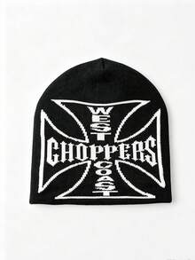 Unisex Cross Pattern Jacquard Knit Beanie, Motorcycle Street Style Warm Winter Skull Cap, Vintage Motorcycle Hip Hop Elastic Headwear - A - View 2