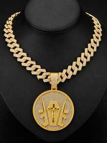 1pc European And American Hip Hop Round Badge Jesus Cross Rhinestone Pendant Necklace, Full Rhinestone Cuban Chain, Men's Street Style Fashion Accessory - pendant necklace - View 14