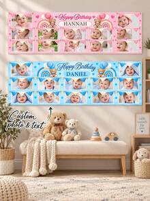1pc Personalized First Birthday Photo Banner, Baby's 1st Year Monthly Milestone Birthday Banner, Baby Photo Collage, First Year Monthly Photos - Multicolor - View 5