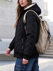 Women's Hooded Padded Jacket With Warm Lining, Embossed Outer Layer With Lock-Fleece Technology To Prevent Filling Leakage, Thick Lamb Fleece Lining For Heat Retention, Full Zip Front With Drawstring Hood, Ribbed Cuffs And Hem For Wind Protection And Warmth, Side Zipper Pockets For Secure Storage, Loose Drop Shoulder Fit Suitable For All Body Types, Versatile For Commuting And Autumn/Winter Outings, Easily Create A Casual Street Style - Black - View 3