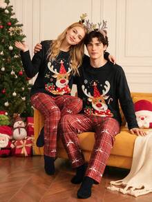 Notgurli Christmas 4-Piece Set Santa Hat Print Couple Pajama Set, Red And Black Color, Summer, Beautiful, Suitable For Family Wear Couple Christmas Pajama Set - Multicolor - View 2