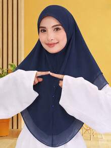 1PC Women's Double Layer Chiffon Solid Color Amira Hijab With 3 Shiny Buttons Decoration, Suitable For Daily Wear - Navy - View 2