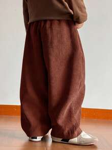1pc 4-7 Years Old Girls Drape Wide Leg Pants, Elastic Waist Versatile Corduroy Long Pants With Big Pockets, Autumn/Winter New Style - Brown - View 8