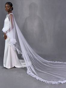 1pc Ruffle Smooth Tulle Bridal Cape, White Sheer Long Train Wedding Dress Cloak, Cover Up For Wedding Banquet Party - White - View 2