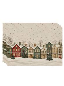 2/4/6Pcs Vintage Christmas Town Placemat, Snowy Winter Village Houses Table Mat, Antique Linen Texture Snowflake Table Decor, Farmhouse Rustic Holiday Dining Table Linen, Washable Table Protection Pad - Champagne - View 10