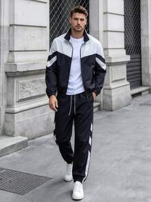 1 Set Men's Spring/Autumn Colorblock Sports Outfit, Stand Collar Zip-Up Jacket & Side Stripe Joggers, 2-Piece Urban Commute Casual Set - Black and White - View 1