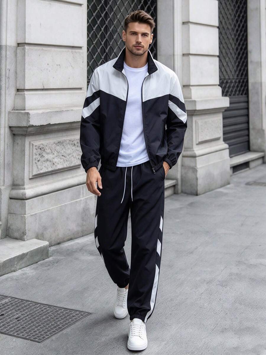 1 Set Men's Spring/Autumn Colorblock Sports Outfit, Stand Collar Zip-Up Jacket & Side Stripe Joggers, 2-Piece Urban Commute Casual Set - Black and White - View 1