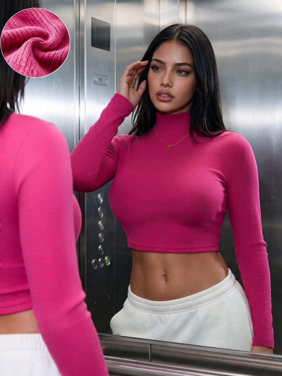 Women's Casual Fleece High Neck Slim Fit Short Long Sleeve T-Shirt, Suitable For Daily Wear, Warm And Not Bulky In Autumn/Winter, Winter Outfit - Hot Pink - View 1