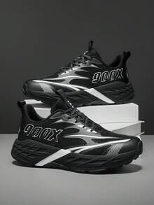 Men's Sports Shoes, All-Season Wear, Breathable Elastic Fabric Upper, Carbon Plate Support Non-Slip Sole, Unisex Design Suitable For Fitness Training, Daily Running - Black - View 4