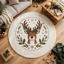 1pc, Washable Non-Slip Christmas Reindeer Round Velvet Decorative Rug, Non-Slip Bottom With Soft And Delicate Surface Texture, Cute Red-Nosed Reindeer With Holly And Snowflake Christmas Element Design, Suitable For Bedroom Bedside, Living Room Corner, Study, Dressing Room And Other Living Scenes, Christmas Scene Decoration Item, Holiday Soft Furnishing Product, Rugs, Carpet, Christmas Rug, Christmas Gift/Decor, Rugs Living Room, Bedroom Rug, Carpet Living Room, Kitchen Mat, Kitchen Rug, Hallway Runner - Multicolor - View 3