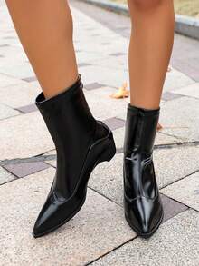 Women's Ankle Boots And Ankle Boots With Back Zipper Design, Seamless Side Style, Pointed Toe, Medium Thick Heel, Solid Color, Suitable For Office Commute, Weekend Date, Daily Shopping, Autumn/Winter Women's Boots, Ankle Boots, Slim Boots - Black - View 7