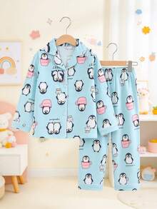 Girls Cute Bear All-Over Print Turn Collar Button Long Sleeve Top + Pants 2-Piece Pajama Set, Soft And Comfortable Loungewear, Suitable For 8-12 Years Old - Blue - View 2