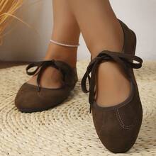 Women's Vintage Bow Solid Color Round Toe Low-Top Lace-Up Flat Mary Jane Shoes, Daily Commute Spring Autumn Coffee Brown Suede Ballet Flats - Brown - View 1