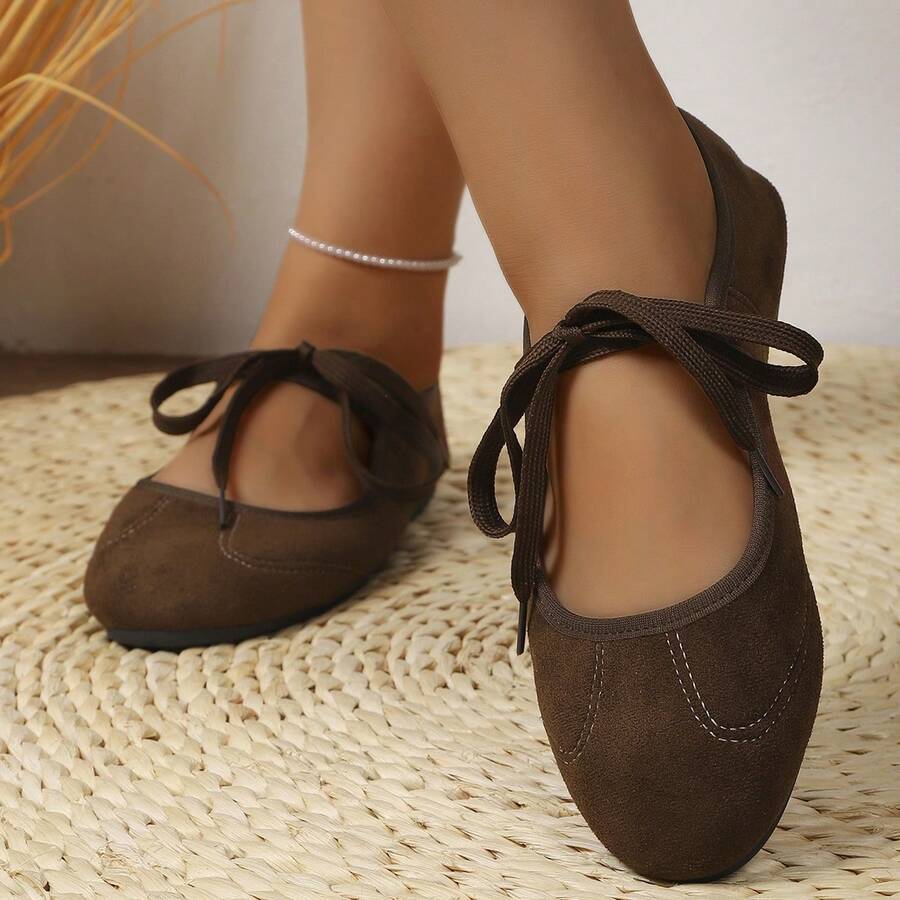 Women's Vintage Bow Solid Color Round Toe Low-Top Lace-Up Flat Mary Jane Shoes, Daily Commute Spring Autumn Coffee Brown Suede Ballet Flats - Brown - View 1