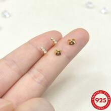 1 Pair S925 Sterling Silver Pierced Earrings, 3pcs 1.5mm Round Zirconia Mini Linear Stud Earrings, Small Versatile Daily Jewelry - Gold - View 3