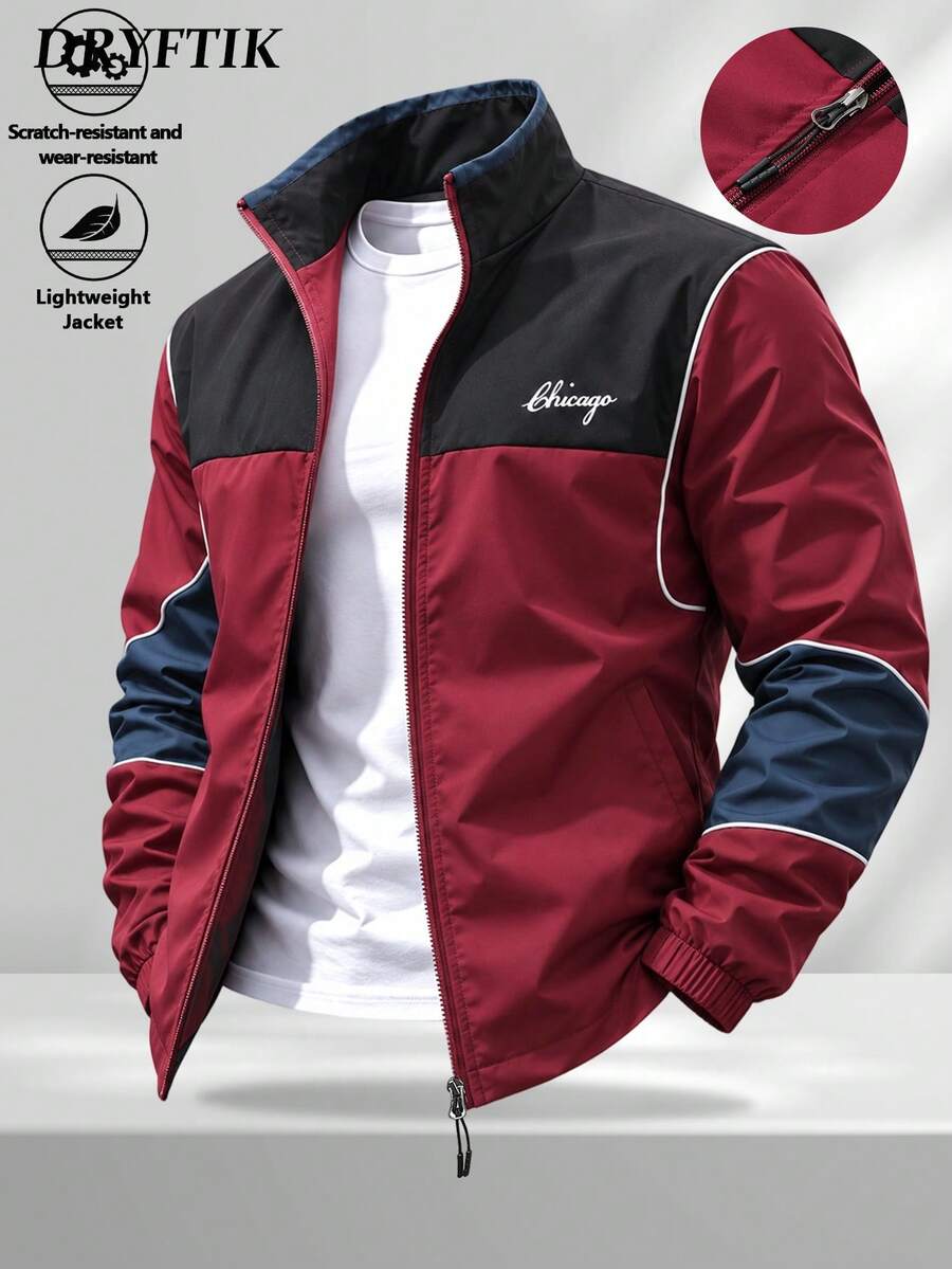 Men's American Retro Colorblock Stand Collar Windbreaker Jacket, Contrast Split Line Design, Spring/Autumn Casual Commute Sports Versatile Zip-Up Jacket - Red - View 1