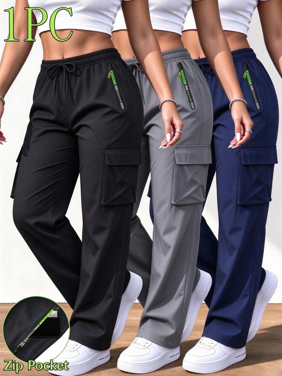 Women's Casual Solid Color Cargo Pants, With Drawstring Waist And Large Pockets, Suitable For Outdoor, Sports, And Daily Fashion Wear - Black - View 1