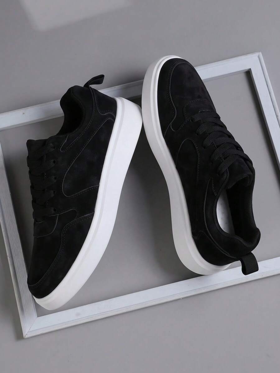 Men's Minimalist Street Style Thick Sole Sneakers, Anti-Slip Soft Bottom With Heel Pull Tab Design, Versatile Commuter Casual Sports Shoes - Black - View 1