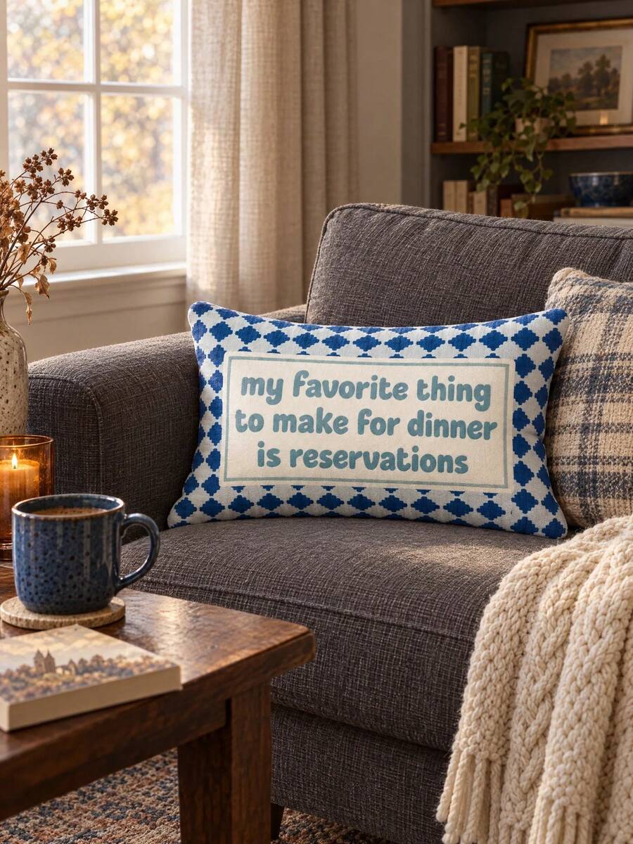 "My Favorite Dinner Is Reservation" Letter Print Decorative Throw Pillow, Blue Argyle Pattern Sofa/Bed Cushion, Aesthetic Restaurant Home Decor Accent - Blue - View 1