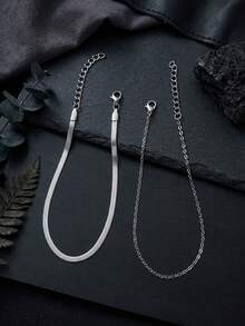 2pcs/Set Fashionable Stainless Steel Flat Chain Anklet Set For Women, Suitable For Travel, Vacation, Beachwear - Silver - View 4