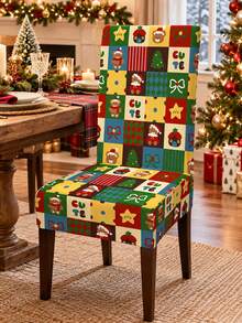 1pc Christmas Stretch Dining Chair Cover, Spandex Full Chair Slipcover, Colorful Patchwork Plaid Print With Cute Teddy Bears, Christmas Trees, Stars, Bows & CUTE Lettering, High Back Chair Protector For Kitchen, Dining Room, Xmas Party Decor - B - View 1