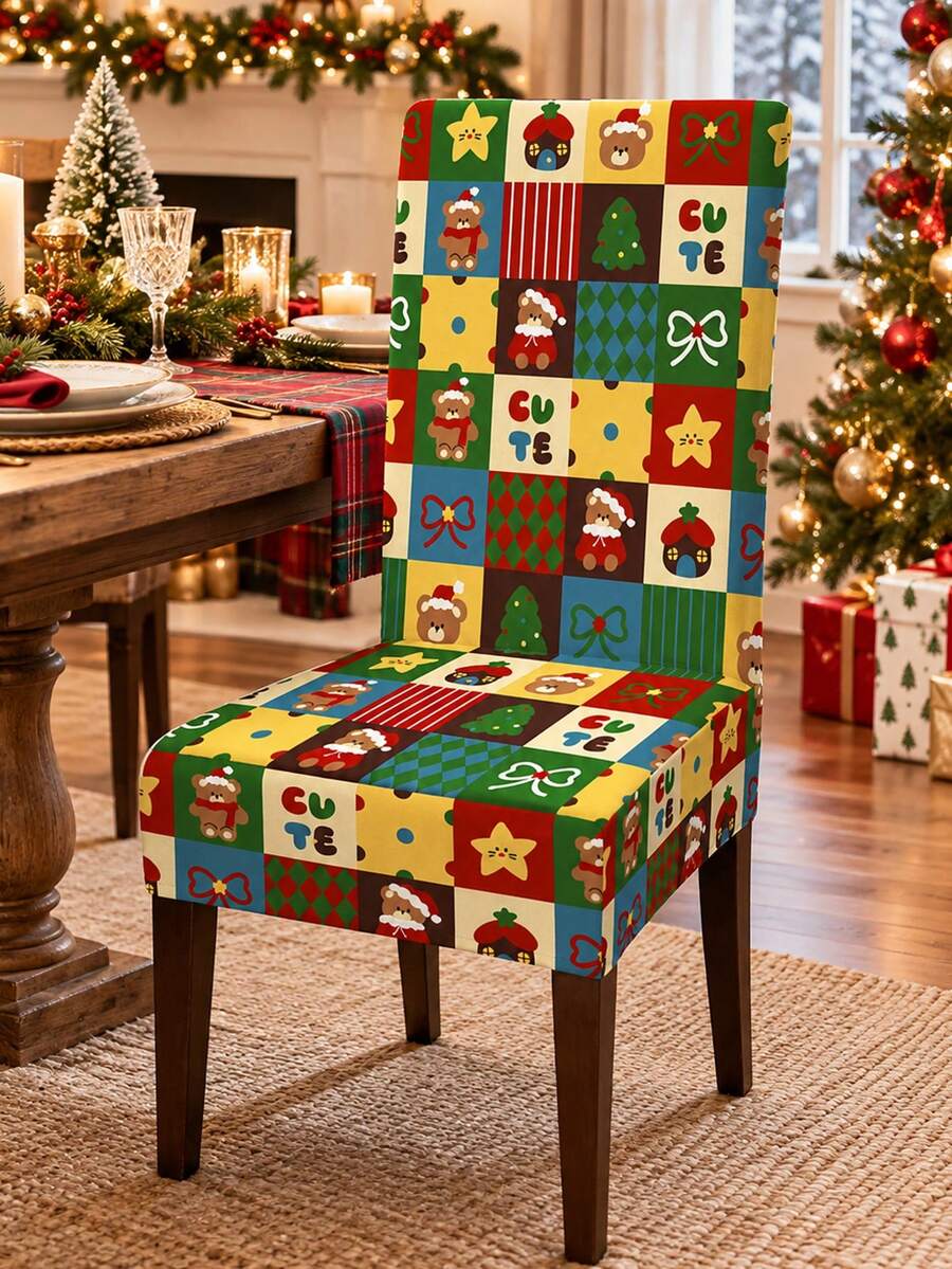 1pc Christmas Stretch Dining Chair Cover, Spandex Full Chair Slipcover, Colorful Patchwork Plaid Print With Cute Teddy Bears, Christmas Trees, Stars, Bows & CUTE Lettering, High Back Chair Protector For Kitchen, Dining Room, Xmas Party Decor - B - View 1