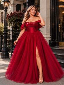 VIPGIRL Gaun Malam Merah Elegan Ukuran Plus, Tanpa Bahu, Berhiaskan Payet, Tanpa Tali Bahu, Terbuat dari Kain Jala Berkerut, Gaun Malam Formal Panjang - Burgundy - View 5