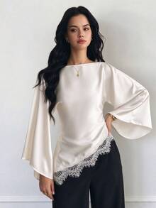 Elegant Women's White Off-Shoulder Top With Flowing Bell Sleeves And Asymmetrical Contrast Lace Hem - White - View 4