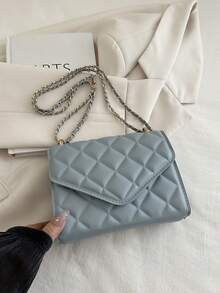 Women's Solid Color Chain Strap New Niche Design Fashion Shoulder Crossbody Bag, Ins Style Versatile Small Square Bag With Embossed Texture, Mini Chain Shoulder Bag - Dusty Blue - View 3