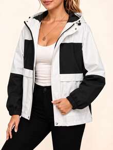 Women's Black & White Colorblock Hooded Jacket, Outdoor Casual Hiking Coat - White - View 1